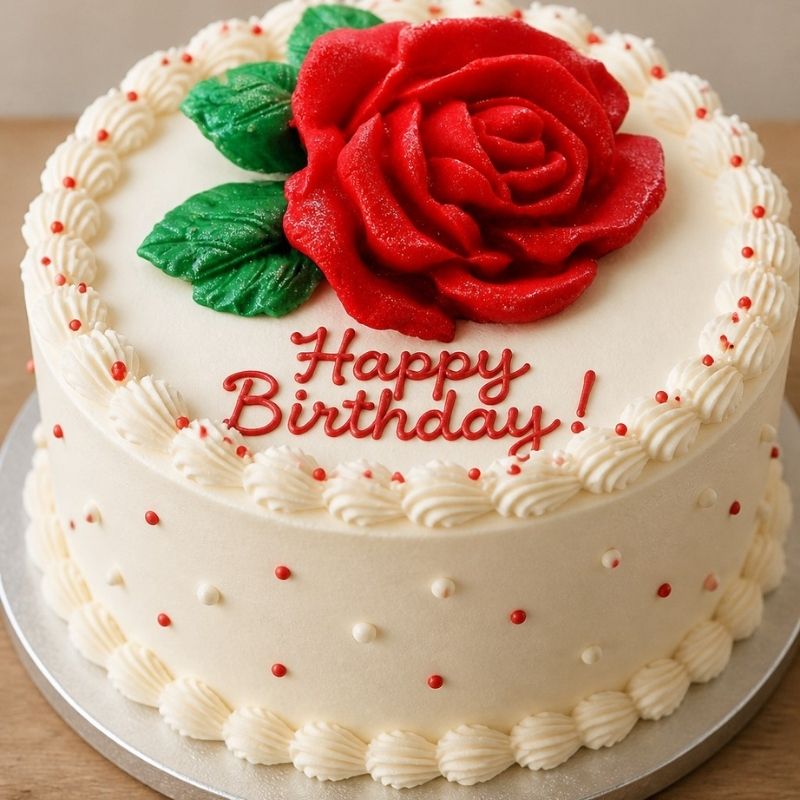 A round birthday cake with white frosting, piped borders, red polka dots, and a large red rose decoration with green leaves on top. Red icing spells out 'Happy Birthday!' on the front.
