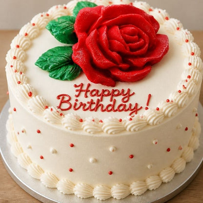 A round birthday cake with white frosting, piped borders, red polka dots, and a large red rose decoration with green leaves on top. Red icing spells out 'Happy Birthday!' on the front.