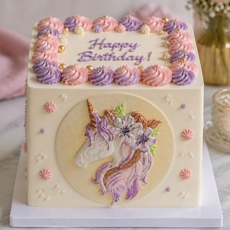 A square birthday cake with cream-colored frosting, decorated with pink and purple piped frosting borders, the words 'Happy Birthday!' in purple icing, and a large circular unicorn illustration on the front. The cake sits on a white platter on a light marble surface with soft decorative background elements.