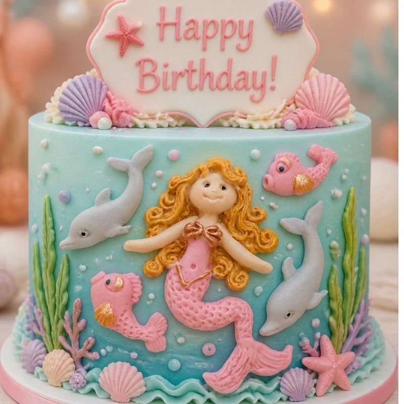 A round birthday cake decorated with an underwater mermaid theme. The cake is light blue with fondant sea creatures including a pink mermaid, dolphins, seahorses, starfish, and seashells.