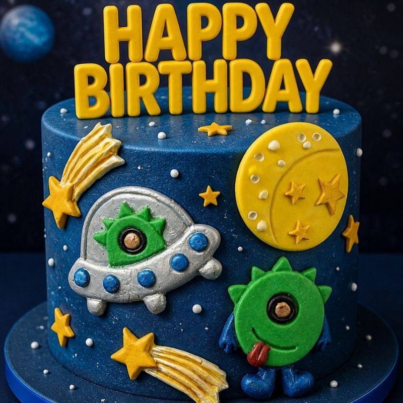 A blue birthday cake decorated with space-themed fondant decorations, including a silver and green UFO, a yellow moon, yellow stars, white dots, and a green alien character. The cake has a large yellow 'HAPPY BIRTHDAY' topper on top and is set against a dark starry background.