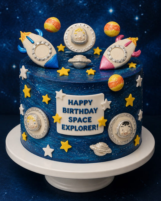 A decorated birthday cake shaped like outer space, with blue starry frosting, white planets, yellow stars, two white rockets with blue and pink fins, and a white sign reading “HAPPY BIRTHDAY SPACE EXPLORER!” The cake sits on a white round pedestal against a dark blue starry background.