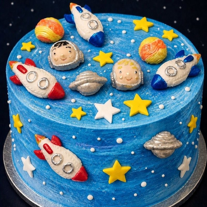A blue cake with space themed topper images on top of the cake and around the sides