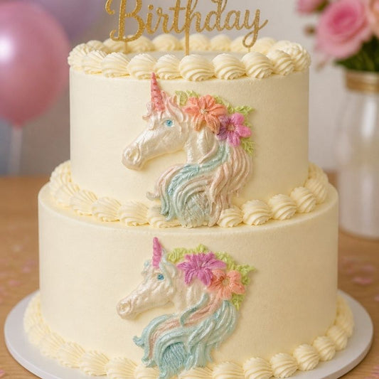 A two tiered cream  birthday cake with  a hand paintd unicorn at the front of each ttier 