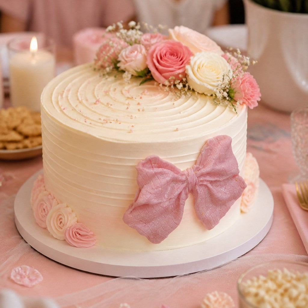 Example of the use of the pink bow on a White cake with pink roses and a bow on a table with a candle and cookies.