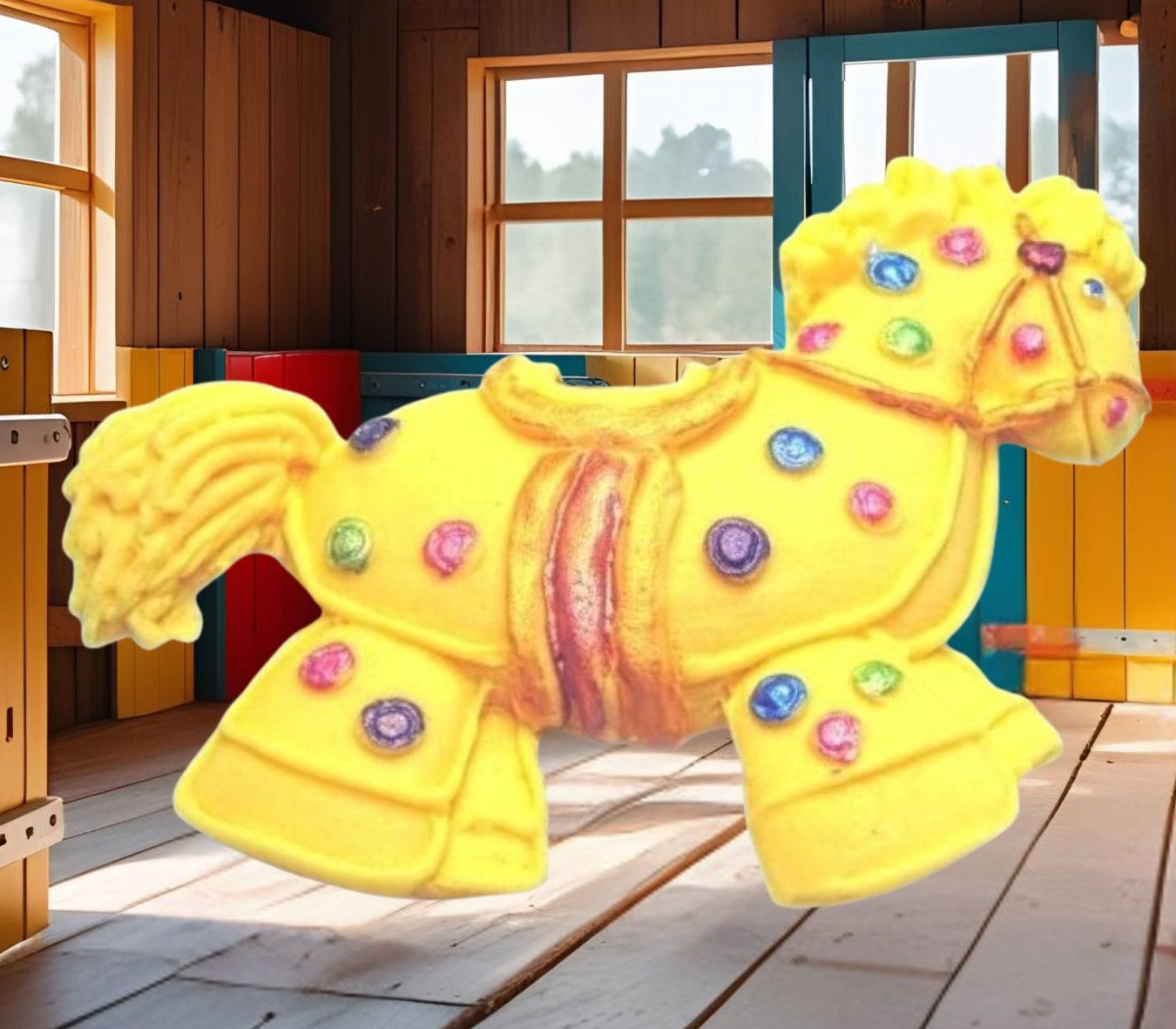 Yellow hobby horse with colorful polka dots cake decorations image show it in a wooden room