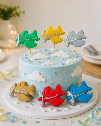 Decorative cake with colorful airplane toppers on a light background