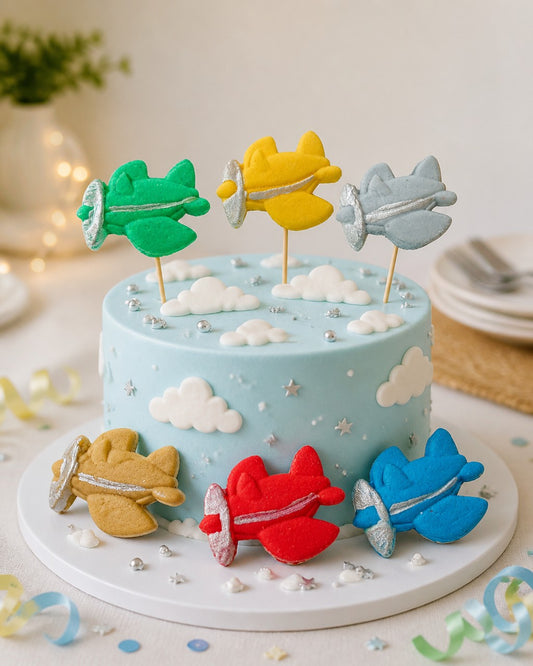 Decorative cake with colorful airplane toppers on a light background