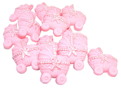 12 Pink coloured Edible Prams ideal for a Baby Shower . Vegan, Dairy & Gluten Free cupcake topper decorations
