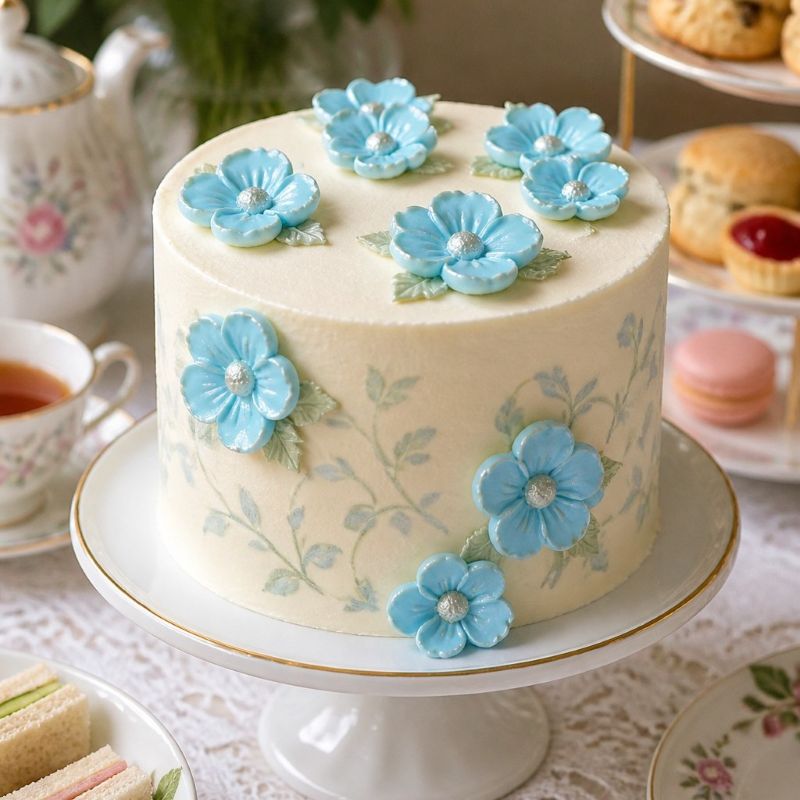 Decorative cake with blue flowers on a table with tea and pastries