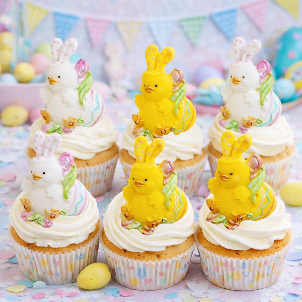 Decorative cupcakes with Easter-themed decorations on a colorful background