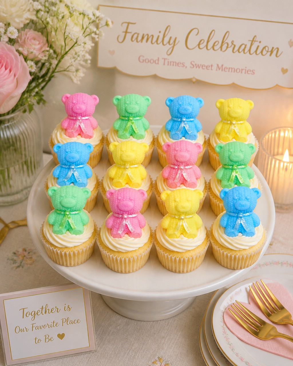 Cupcakes with colorful bear decorations on a white cake stand, with a 'Family Celebration' sign in the background.