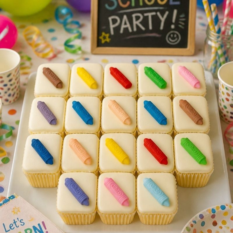 Cupcakes decorated with colorful crayon designs on a table with 'School Party!' sign.