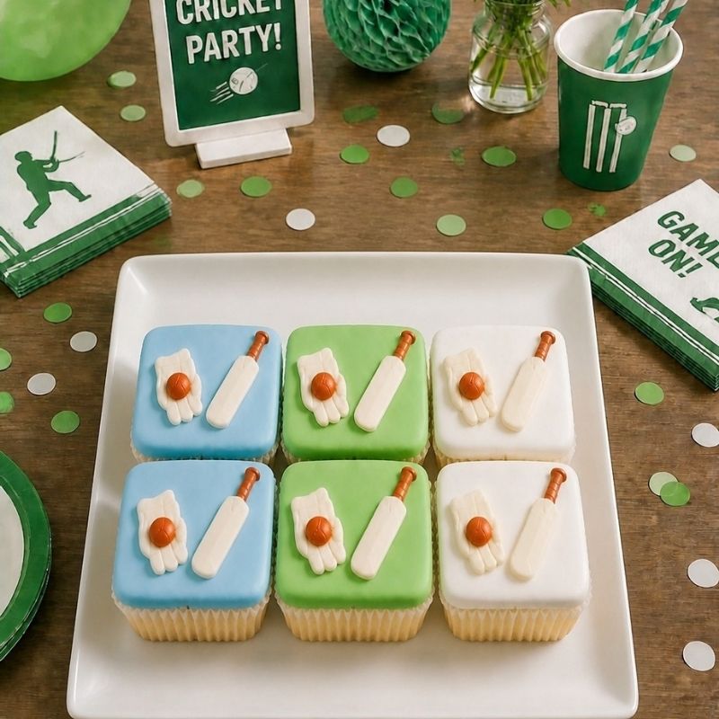 Six iced cupcakes arranged on a white square plate, decorated with light blue, light green, and white frosting, each with a white cricket bat and a small glove with orange ball detail. The cupcakes are photographed on a wooden table with cricket party decorations, including a green cup, napkins, and a sign reading 'Cricket Party!'