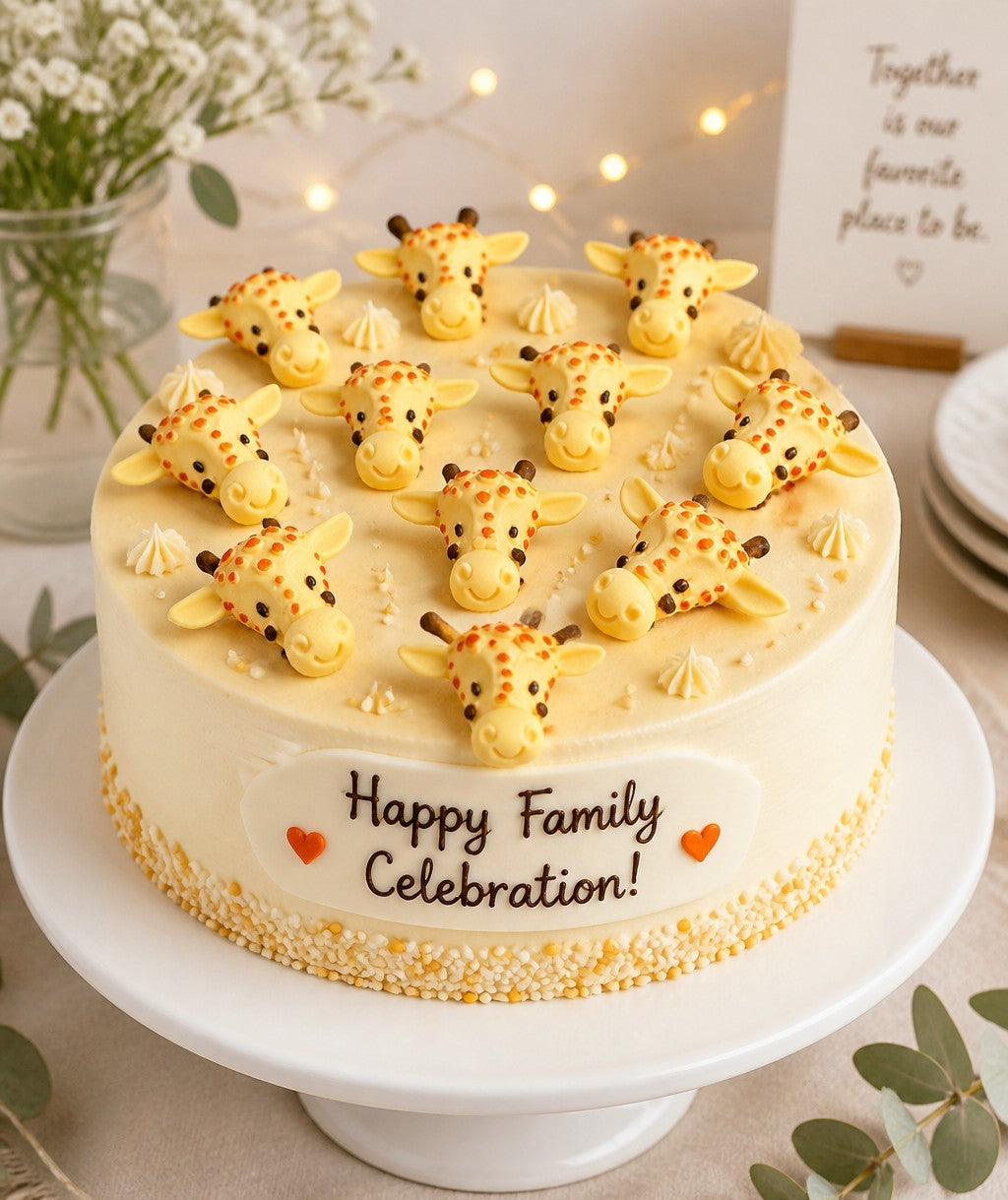Cake with giraffe decorations and 'Happy Family Celebration!' text on a table with flowers and a card in the background.