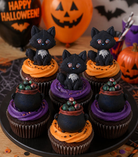Mix 12 Halloween Cupcake Toppers - Cat & Cauldron Theme