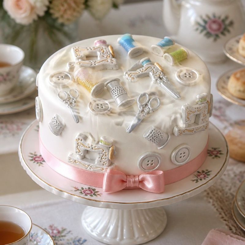 Decorative cake with sewing-themed decorations on a floral tablecloth.