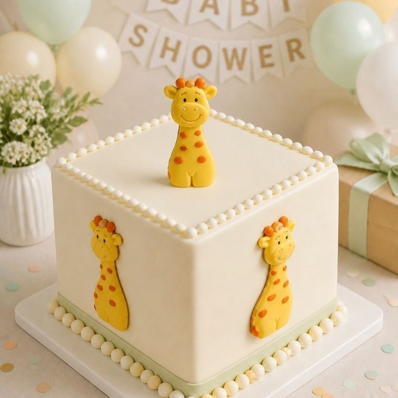 Giraffes on a plain iced cake for a baby shower