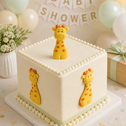 Giraffes on a plain iced cake for a baby shower