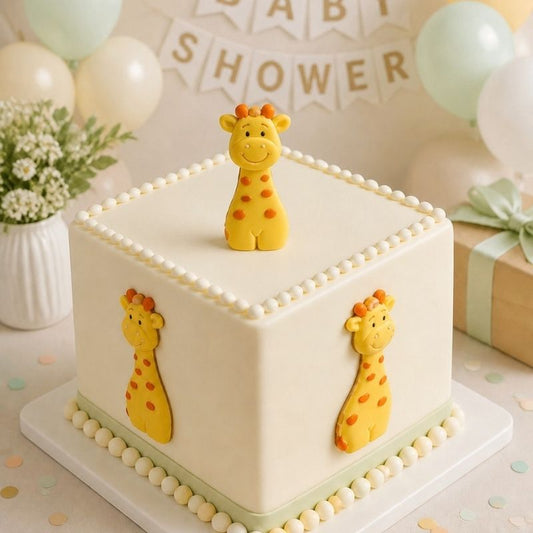 Giraffes on a plain iced cake for a baby shower