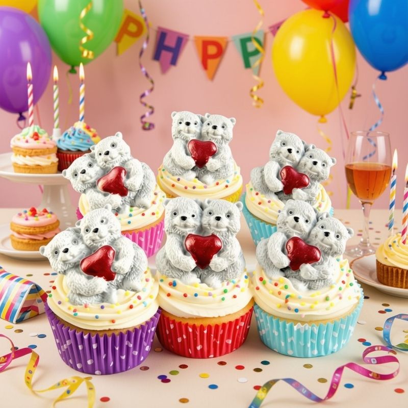6 Valentine Cupcake Toppers - Adorable Twin Bears Design