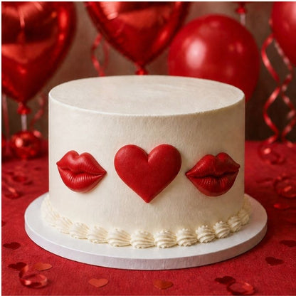 White cake with red heart and lips decorations on a red background with balloons.