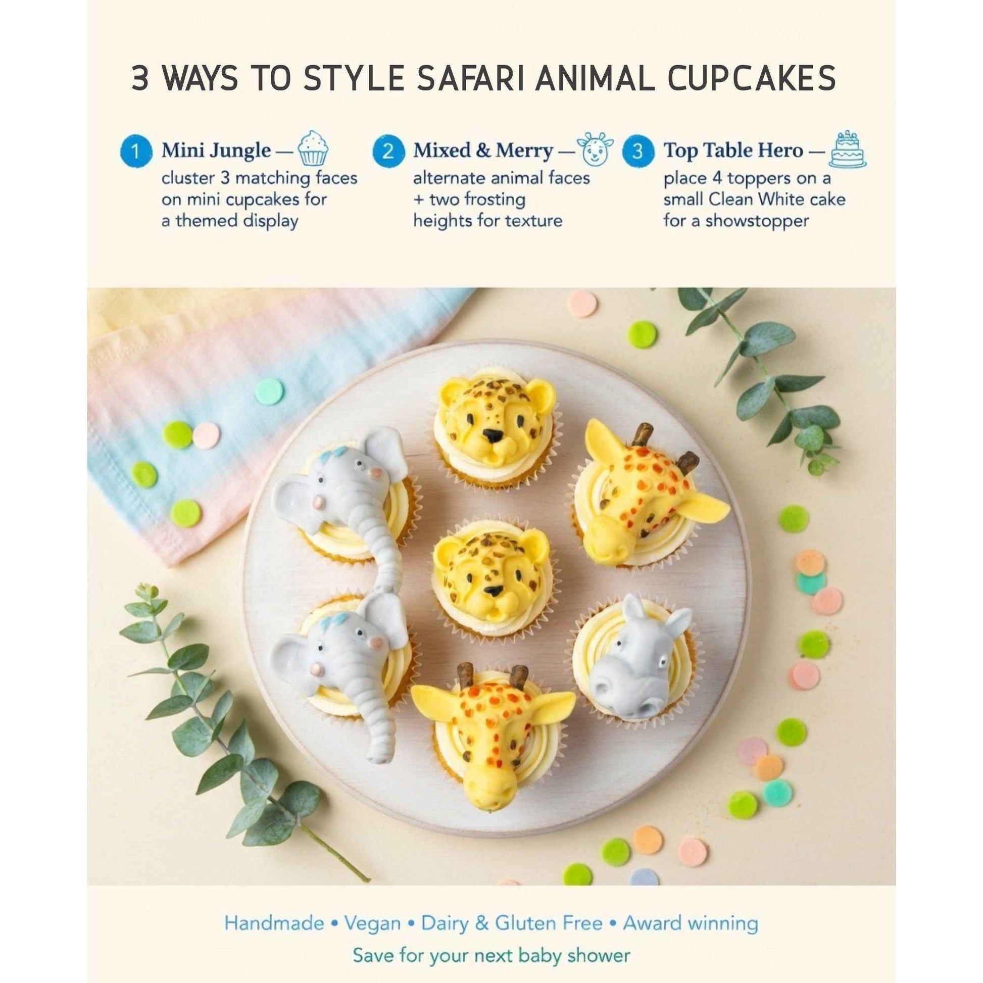 12 Mixed Animal Faces Safari Birthday Baby Shower Cake Toppers