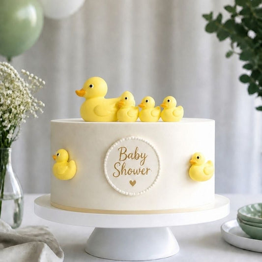 A white frosted cake on a white pedestal stand decorated with yellow  duck figures and a central round plaque that reads 'Baby Shower' in gold lettering. The scene is styled with balloons, flowers, and greenery in a soft indoor setting.