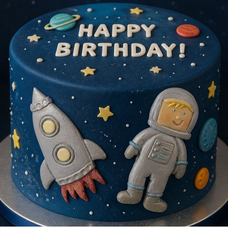 A round birthday cake decorated with a space theme, featuring a dark blue fondant background with white stars, yellow stars, a gray astronaut, a gray rocket with red flames. The top of the cake is written 'HAPPY BIRTHDAY!' in white icing.