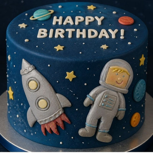 A round birthday cake decorated with a space theme, featuring a dark blue fondant background with white stars, yellow stars, a gray astronaut, a gray rocket with red flames. The top of the cake is written 'HAPPY BIRTHDAY!' in white icing.