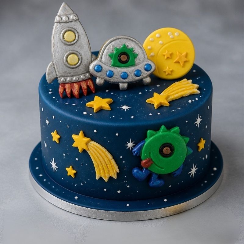 A round blue cake decorated with space-themed fondant decorations including a silver rocket ship, a green alien, a yellow moon, and yellow stars and shooting stars, shown on a neutral gray background.