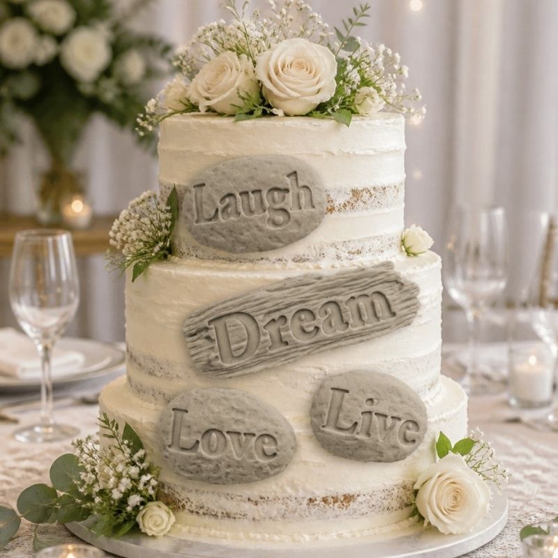 Three-tiered wedding cake with decorative stones and flowers on a table setting.