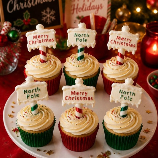 Set 6 creamed cupcakes with  a choice of toppers that read either North Pole of Merry Chistmas