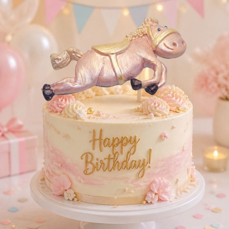 A round birthday cake with pale pink and cream frosting, gold 'Happy Birthday!' lettering, and a hand painted pink horse figurine on top, displayed on a white cake stand in a softly lit party setting.