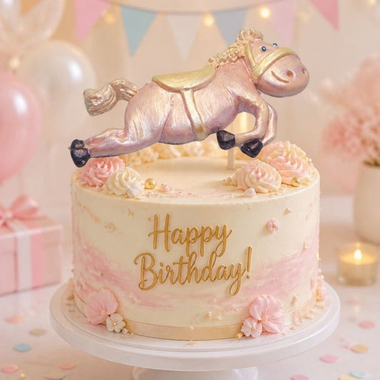 A round birthday cake with pale pink and cream frosting, gold 'Happy Birthday!' lettering, and a hand painted pink horse figurine on top, displayed on a white cake stand in a softly lit party setting.