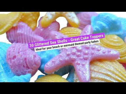 30 Coloured Glittered Edible Sea Shell Cupcake Decorations