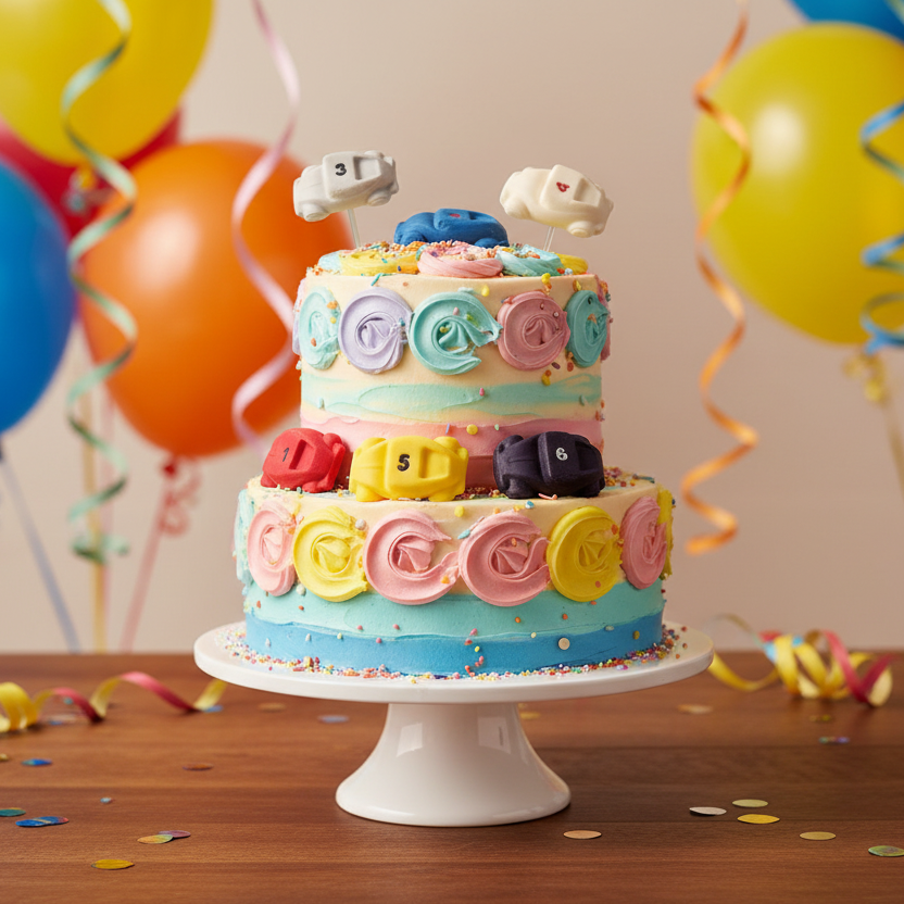 Set 6 numbered coloured sugar paste edible cake toppers shown on top and around a birthday cake