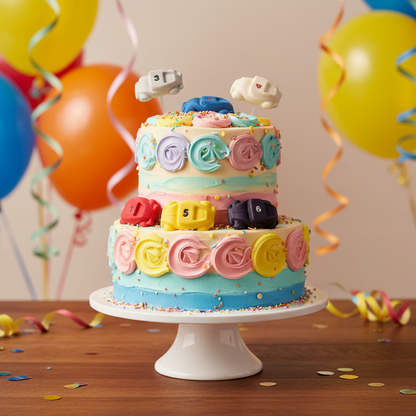 Set 6 numbered coloured sugar paste edible cake toppers shown on top and around a birthday cake