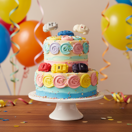 Set 6 numbered coloured sugar paste edible cake toppers shown on top and around a birthday cake