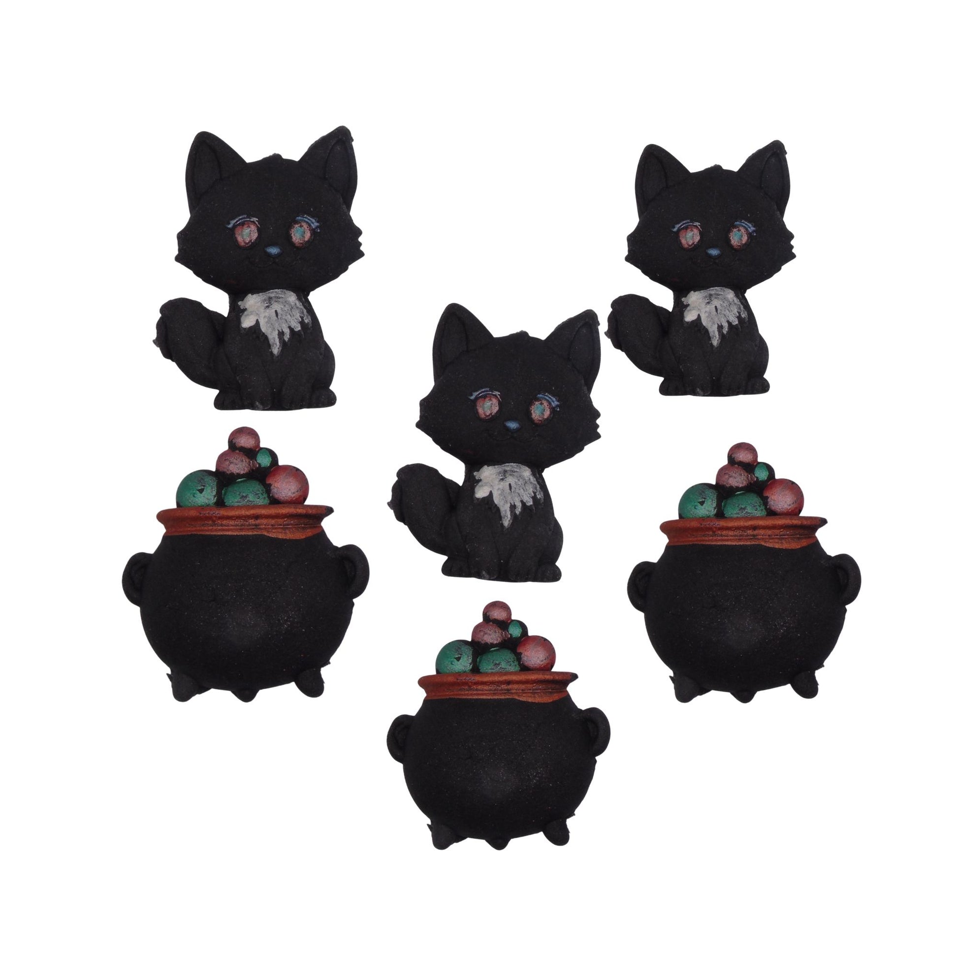 Set of 6 edible black cat figurines with cauldrons on a white background