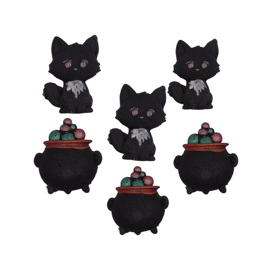 Set of 6 edible black cat figurines with cauldrons on a white background