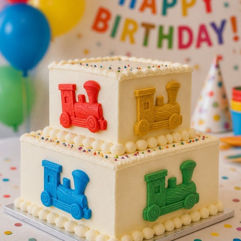 Example of a Two-tier small birthday cake with train design on a colorful background