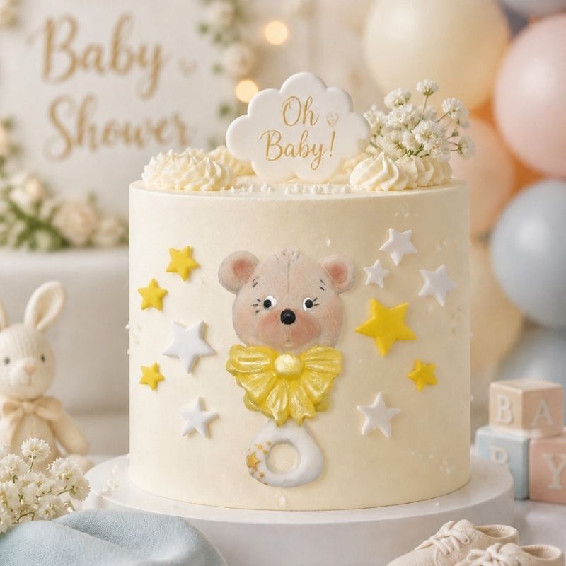 A baby shower themed cake decorated with a teddy bear, yellow bow, stars, and a 'Oh Baby!' topper, surrounded by balloons, a bunny toy, and baby blocks.