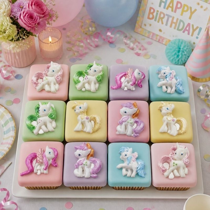 Pastel-colored cupcakes with unicorn decorations on a birthday-themed table.