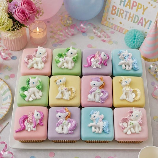 Pastel-colored cupcakes with unicorn decorations on a birthday-themed table.