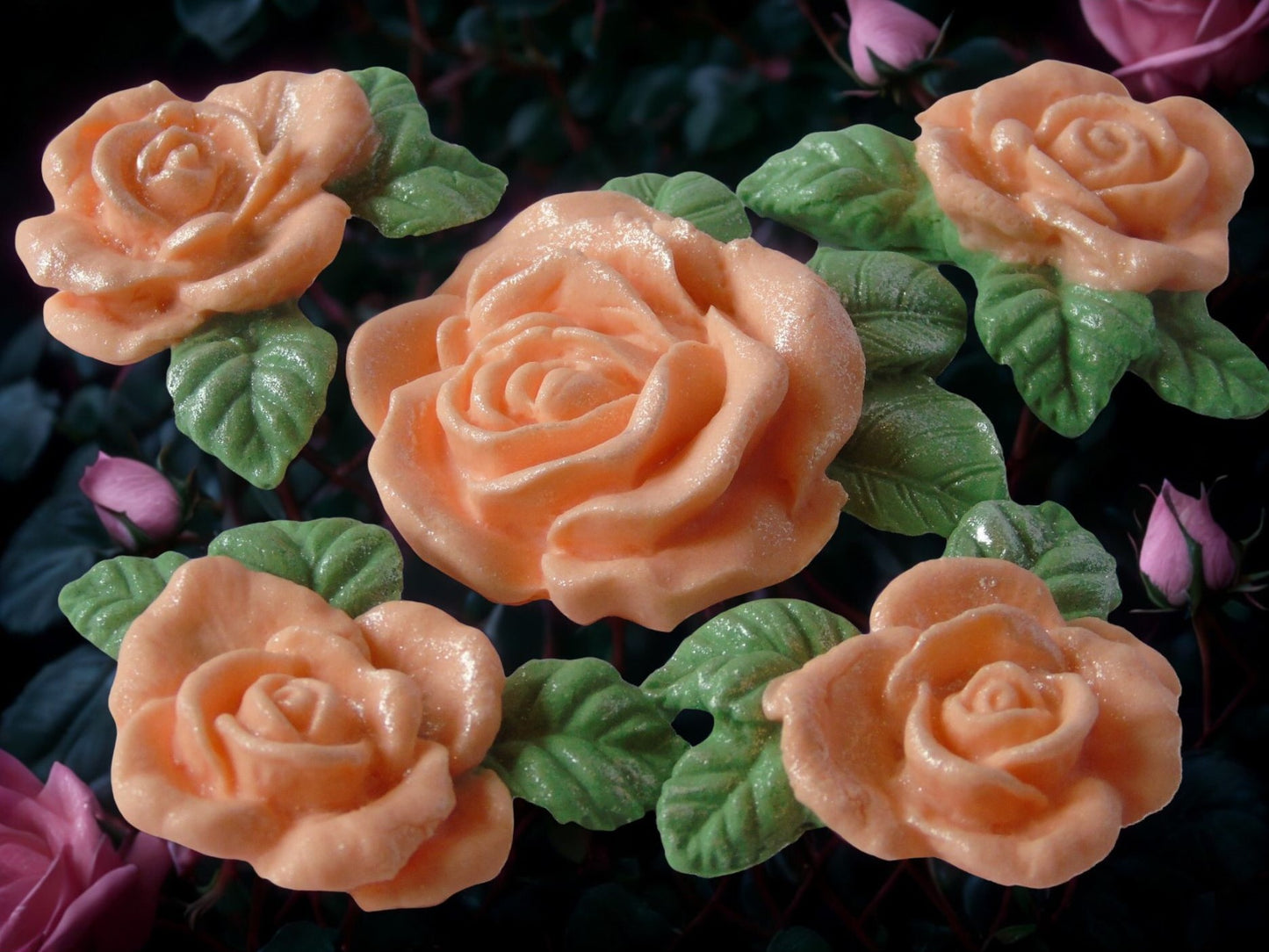 Close-up of a cake with Peach roses decorations on  a flower background